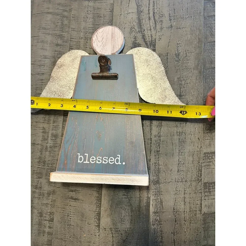 Rustic Wooden Angel Photo Holder Clipboard Blessed Farmhouse Wall Decor Blue